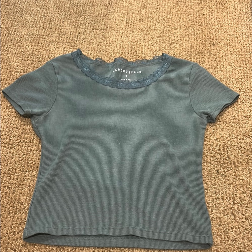 Aeropostale Blue Ribbed Top with Lace Neckline